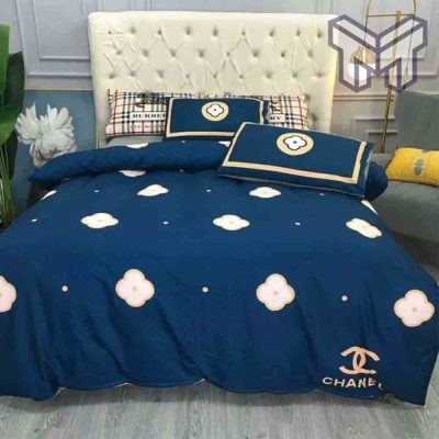 Chanel Bedding Sets, Chanel Flower Blue Printed Bedding Sets Quilt Sets Duvet Cover Luxury Brand