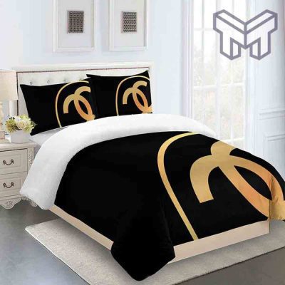 Chanel Bedding Sets, Chanel Golden Logo Black Luxury Brand Bedding Set Duvet Cover Home Decor