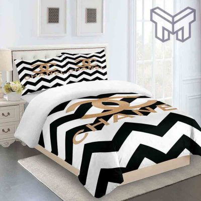 Chanel Bedding Sets, Chanel Golden Logo Ziczac Luxury Brand Premium Bedding Set Duvet Cover Home