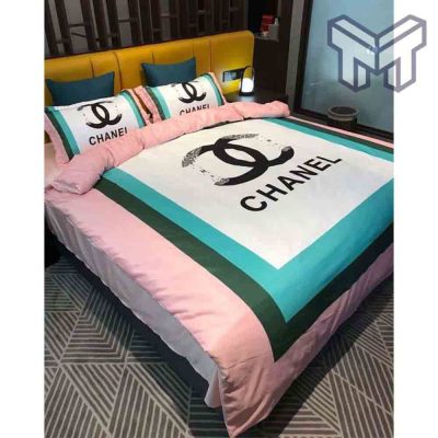 Chanel Bedding Sets, Chanel Light Pink Blue Luxury Brand Bedding Set Home Decor