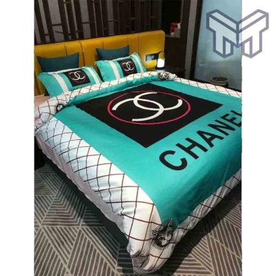 Chanel Bedding Sets, Chanel Logo Cyan Luxury Brand Bedding Set Duvet Cover Home Decor