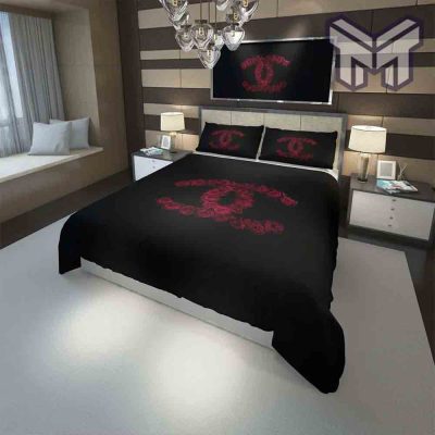 Chanel Bedding Sets, Chanel Red Roses Luxury Brand High-End Bedding Set Home Decor