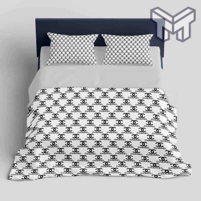 Chanel Bedding Sets, Chanel White Fashion Black Logo Luxury Brand Bedding Set Home Decor