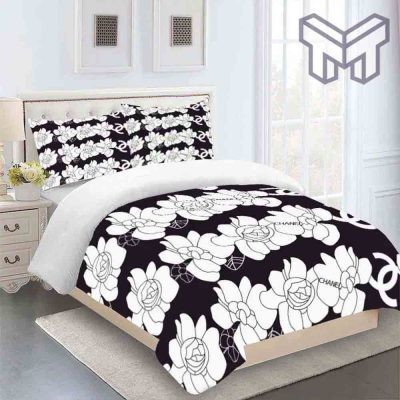Chanel Bedding Sets, Chanel White Flowers Black Luxury Brand Bedding Set Duvet Cover Home Decor