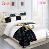 Comforter Sets Golden With Black Gold Logo Louis Vuitton Bedding Set Home Decoration
