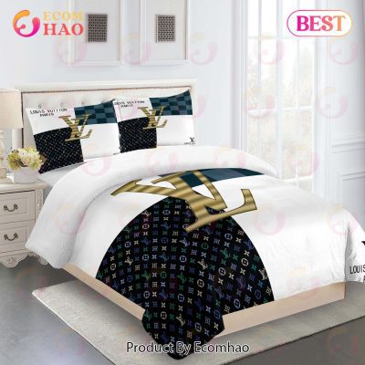 Comforter Sets Golden With Black Gold Logo Louis Vuitton Bedding Set Home Decoration