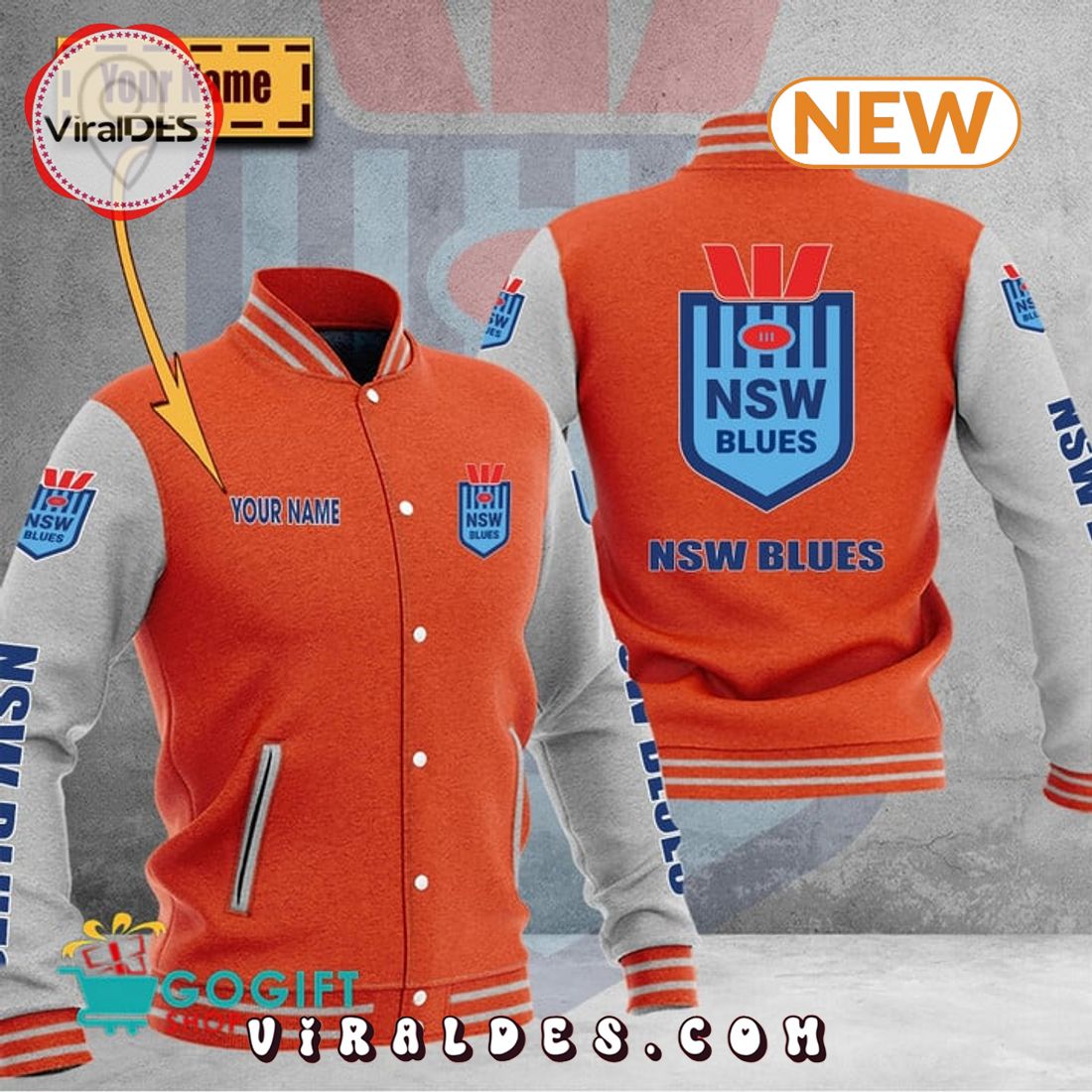 Custom Name NRL-New South Wales Blues Orange Baseball Jacket Custom Name NRL-New South Wales Blues Orange Baseball Jacket