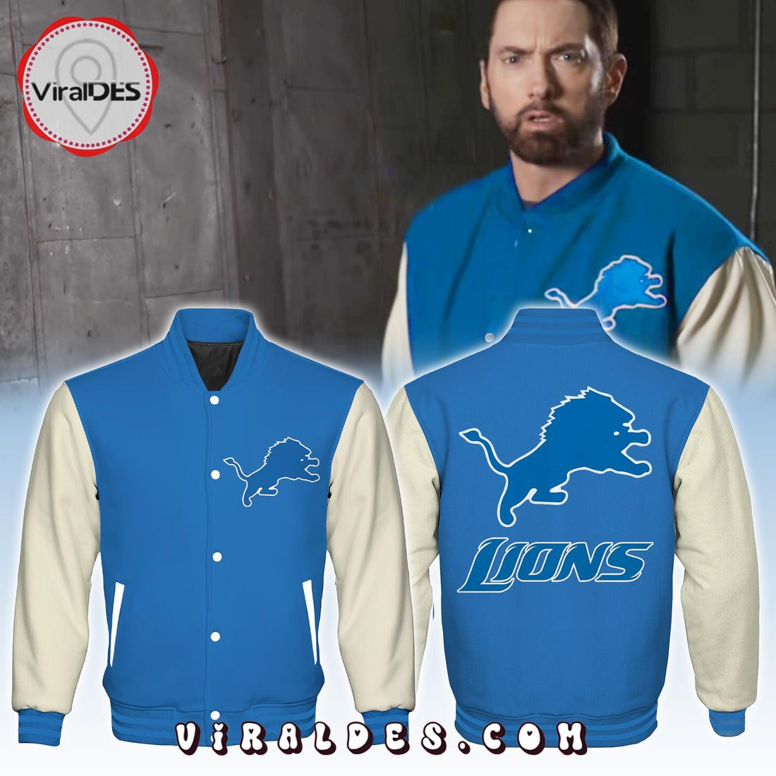 Eminem x Detroit Lions Blue 2024 NFL Playoff Baseball Jacket Eminem x Detroit Lions Blue 2024 NFL Playoff Baseball Jacket