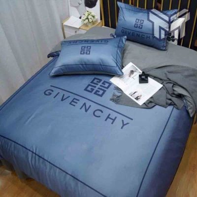 Givenchy Bedding Set, Givency Blue Logo Luxury Brand Bedding Set Home Decor