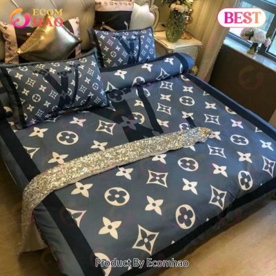 Louis Vuitton Blue And Black Logo Brand Bedding Sets Bedspread Duvet Cover Set Bedroom Decor Thanksgiving Decorations For Home