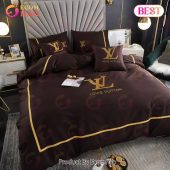 Louis Vuitton Brown And Golden Logo Brand Bedding Sets Bedspread Duvet Cover Set Bedroom Decor Thanksgiving Decorations For Home