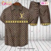 Louis Vuitton Logo Pattern Gold Brown LV Hawaiian Shirt And Shorts