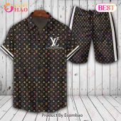 Louis Vuitton Full Logo Pattern Black Mix Color LV Hawaiian Shirt And Shorts