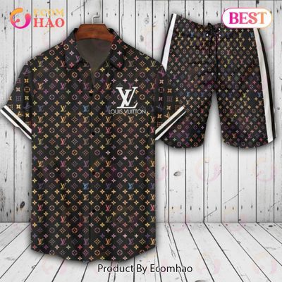 Louis Vuitton Full Logo Pattern Black Mix Color LV Hawaiian Shirt And Shorts