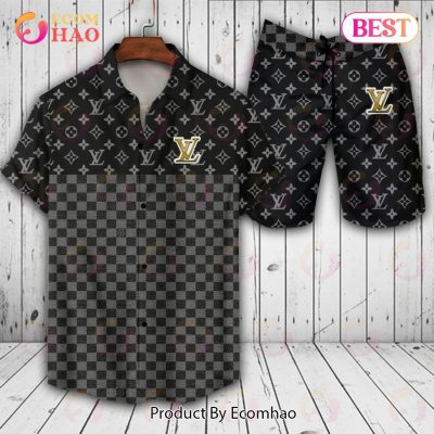 Louis Vuitton Logo Pattern Black Mix Grey LV Hawaiian Shirt And Shorts
