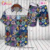 Louis Vuitton Logo Pattern Blue Mix Color LV Hawaiian Shirt And Shorts