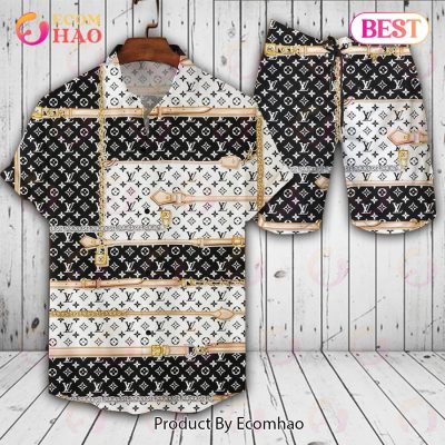 Louis Vuitton Logo Pattern Black White Gold Hot Trend Summer 2023 LV Hawaiian Shirt And Shorts