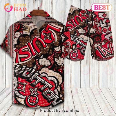 Louis Vuitton Flower Pattern Red LV Hawaiian Shirt And Shorts