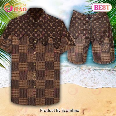 Louis Vuitton Logo Pattern Brown Hot Color Summer 2023 LV Hawaiian Shirt And Shorts