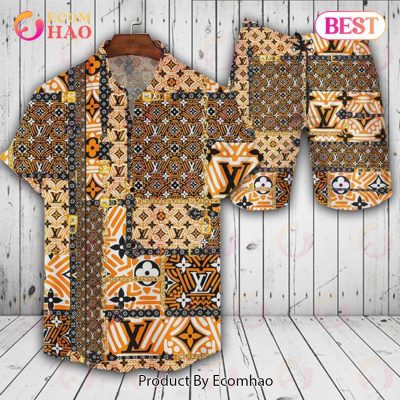 Louis Vuitton Logo Pattern Brown Mix Orange LV Hawaiian Shirt And Shorts