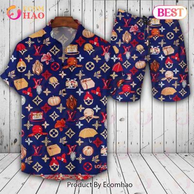 Louis Vuitton Logo Pattern Red Blue Hot Color Summer 2023 LV Hawaiian Shirt And Shorts