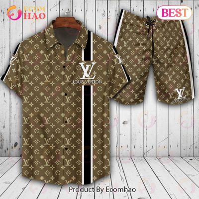 Louis Vuitton Logo Pattern Browm Mix Black Stripe Line LV Hawaiian Shirt And Shorts