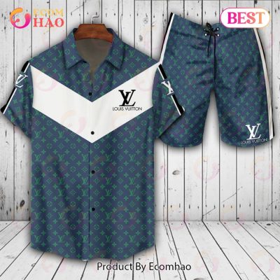 Louis Vuitton Logo Pattern White Blue LV Hawaiian Shirt And Shorts
