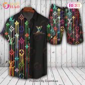 Louis Vuitton Logo Pattern Flower Black Mix Color LV Hawaiian Shirt And Shorts