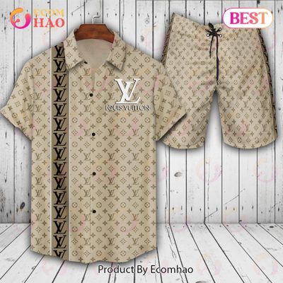 Louis Vuitton Logo Pattern Beige Color LV Hawaiian Shirt And Shorts