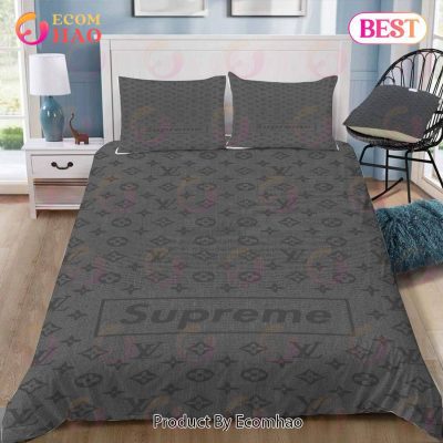 Louis Vuitton Supreme Grey Luxury Brand Logo Premium Bedding Setsbed Sets Bedroom Sets Comforter Sets Duvet Cover Bedspread