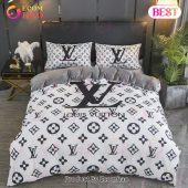 Louis Vuitton White Black Logo Brand Bedding Sets Bedspread Duvet Cover Set Bedroom Decor Thanksgiving Decorations For Home