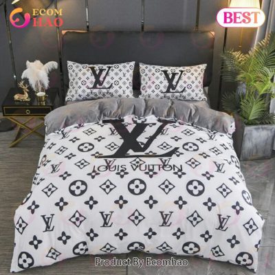 Louis Vuitton White Black Logo Brand Bedding Sets Bedspread Duvet Cover Set Bedroom Decor Thanksgiving Decorations For Home