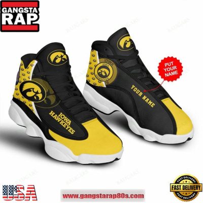 NCAA Iowa Hawkeyes Custom Name Black Gold Air Jordan 13 Shoes Running Sneakers