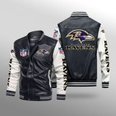 NFL Baltimore Ravens Black White Leather Bomber Jacket