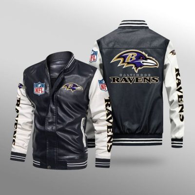 NFL Baltimore Ravens Black White Leather Bomber Jacket