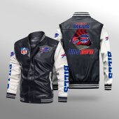 NFL Buffalo Bills Black White Leather Bomber Jacket