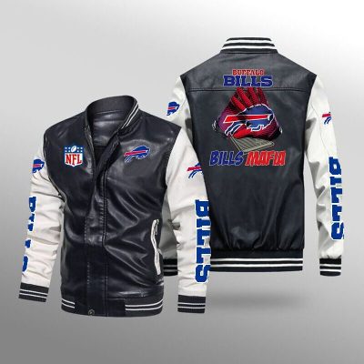 NFL Buffalo Bills Black White Leather Bomber Jacket