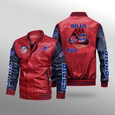 NFL Buffalo Bills Red Navy Leather Bomber Jacket