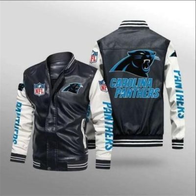 NFL Carolina Panthers Black White Leather Bomber Jacket