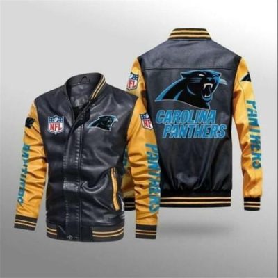 NFL Carolina Panthers Black Yellow Leather Bomber Jacket