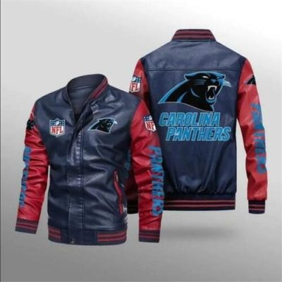 NFL Carolina Panthers Navy Red Leather Bomber Jacket