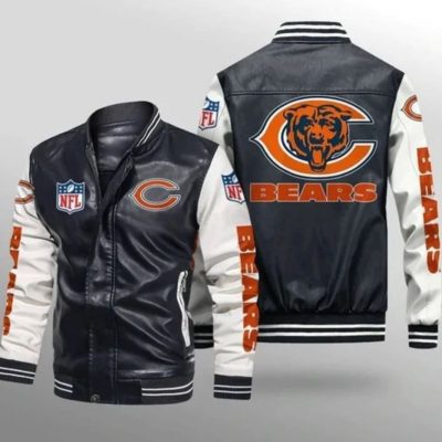 NFL Chicago Bears Black White Leather Bomber Jacket
