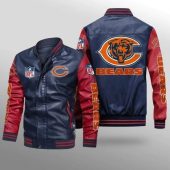 NFL Chicago Bears Navy Red Leather Bomber Jacket