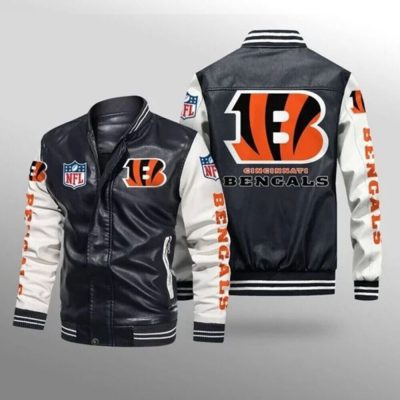 NFL Cincinnati Bengals Black White Leather Bomber Jacket