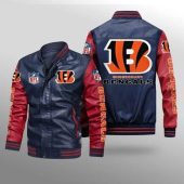 NFL Cincinnati Bengals Navy Red Leather Bomber Jacket