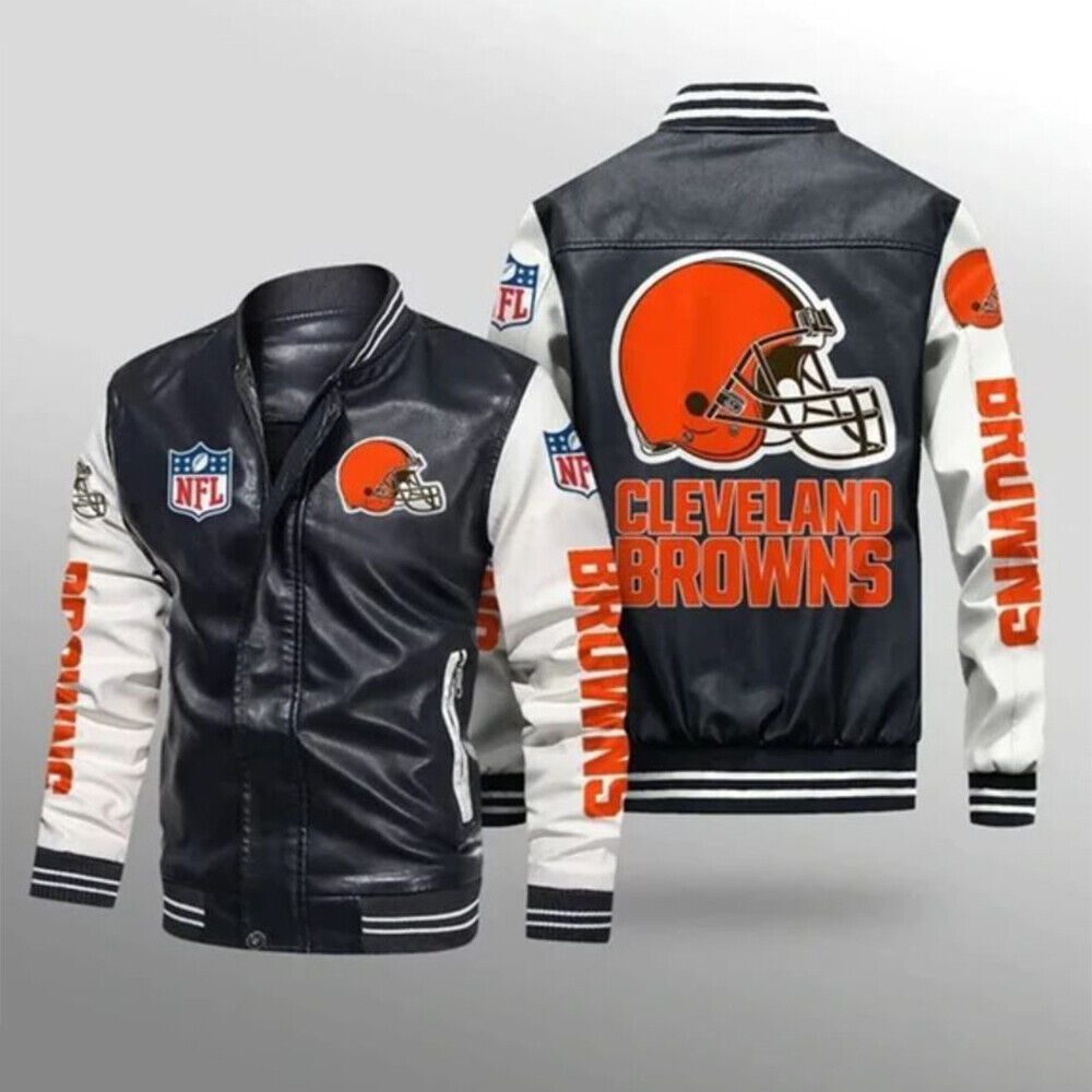 NFL Cleveland Browns Black White Leather Bomber Jacket NFL Cleveland Browns Black White Leather Bomber Jacket