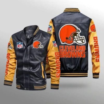 NFL Cleveland Browns Black Yellow Leather Bomber Jacket