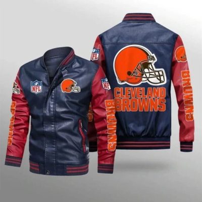 NFL Cleveland Browns Navy Red Leather Bomber Jacket