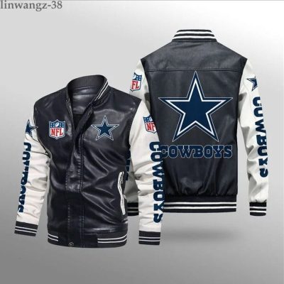 NFL Dallas Cowboys Black White Leather Bomber Jacket