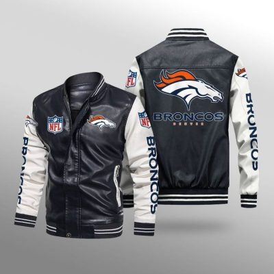 NFL Denver Broncos Black White Leather Bomber Jacket